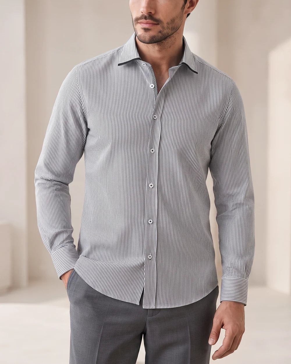 CMC2600 - Cuadra black pinstripe dress shirt with contrast piping for men