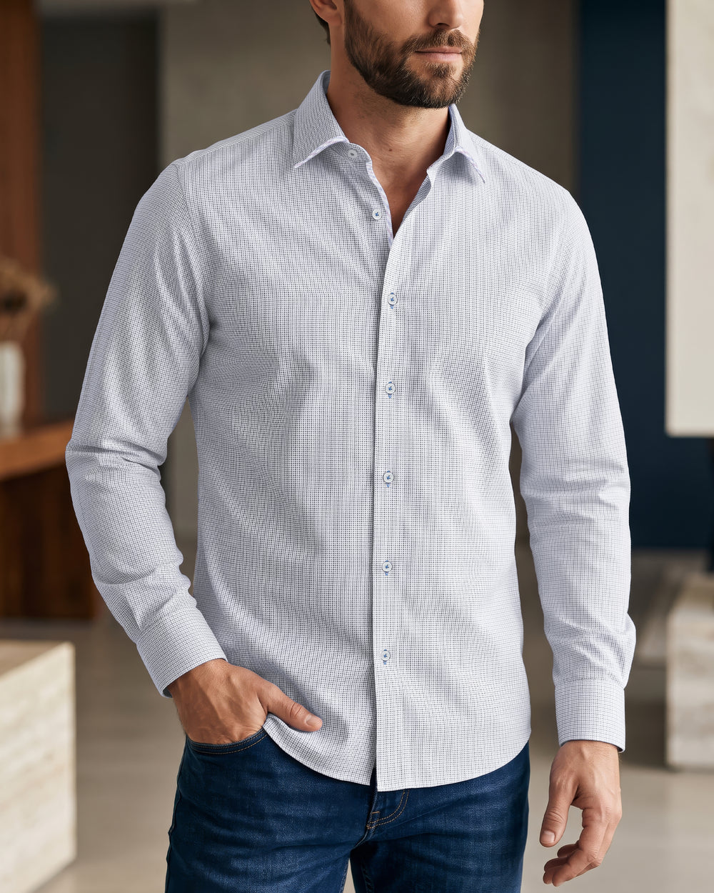 CMC2600 - Cuadra pink micro check button-up shirt with gingham contrast for men