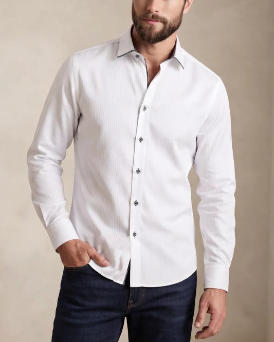 CMC3700 - Cuadra white tonal shadow stripe dress shirt with contrast trim for men