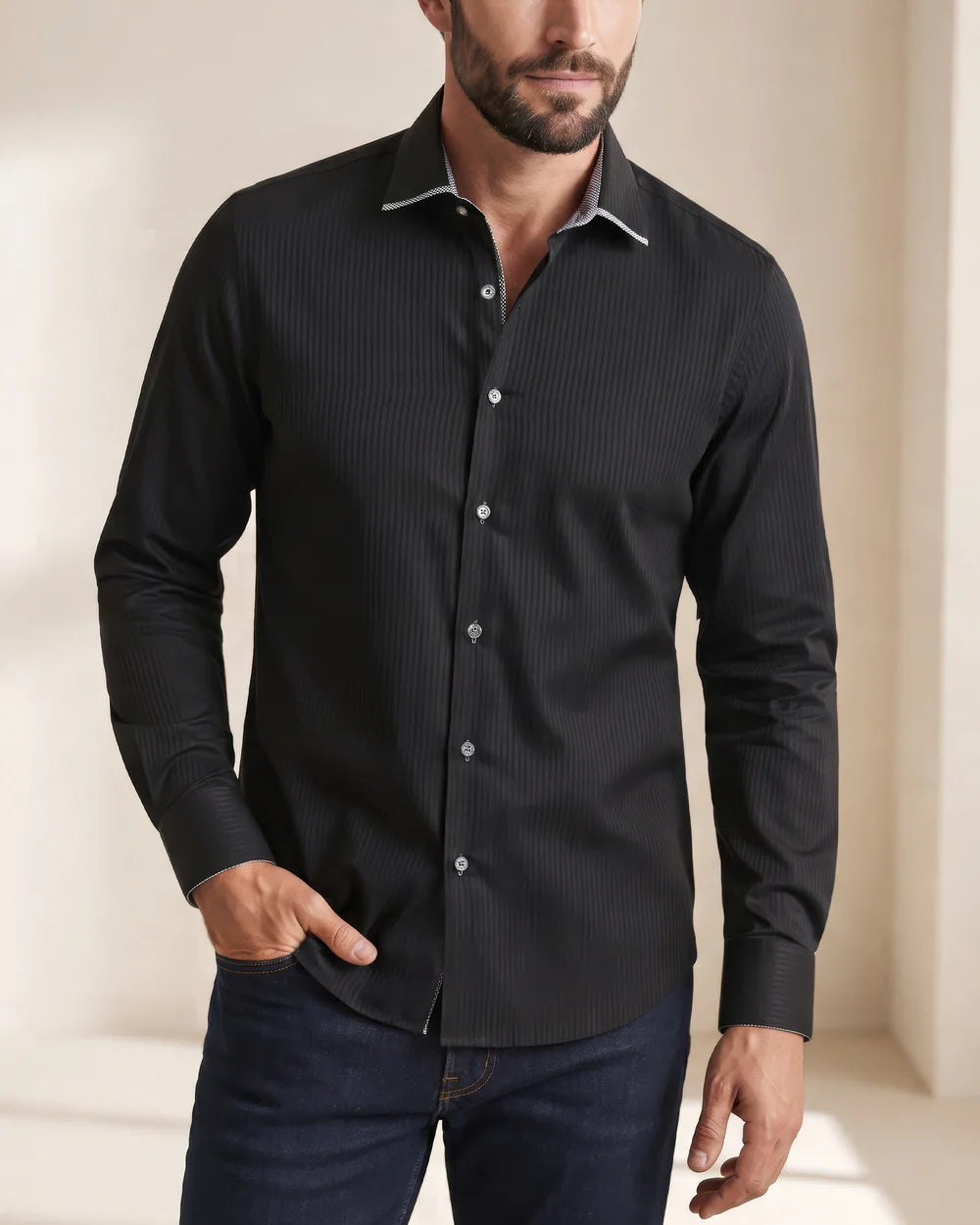 CMC3700 - Cuadra black tonal shadow stripe dress shirt with contrast trim for men
