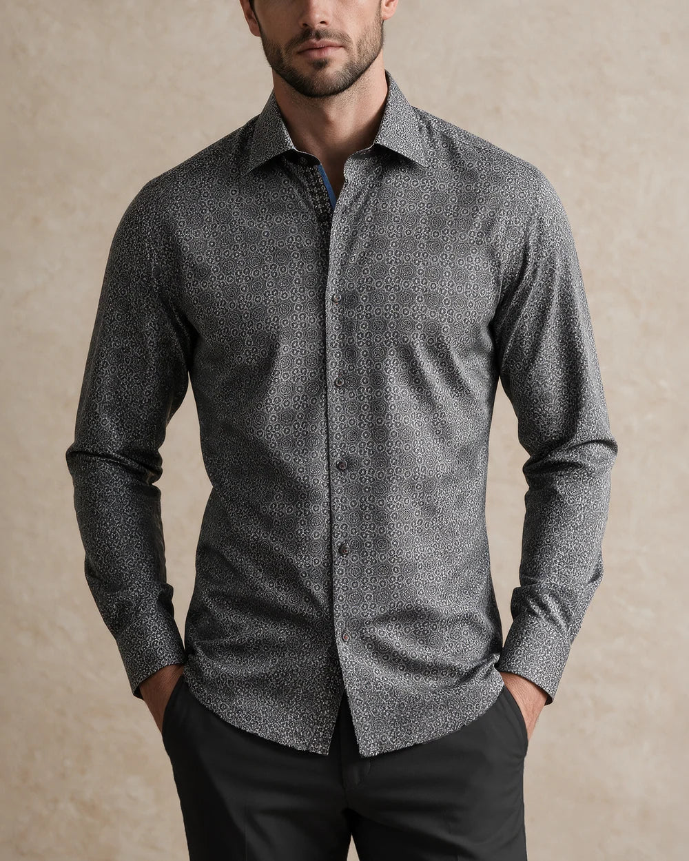 CMC5200 - Cuadra black medallion print shirt with contrast cuffs for men
