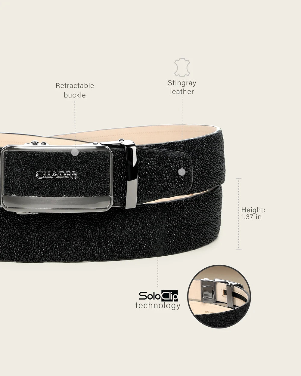 CS586MA - Cuadra black genuine stingray leather ratchet belt for men