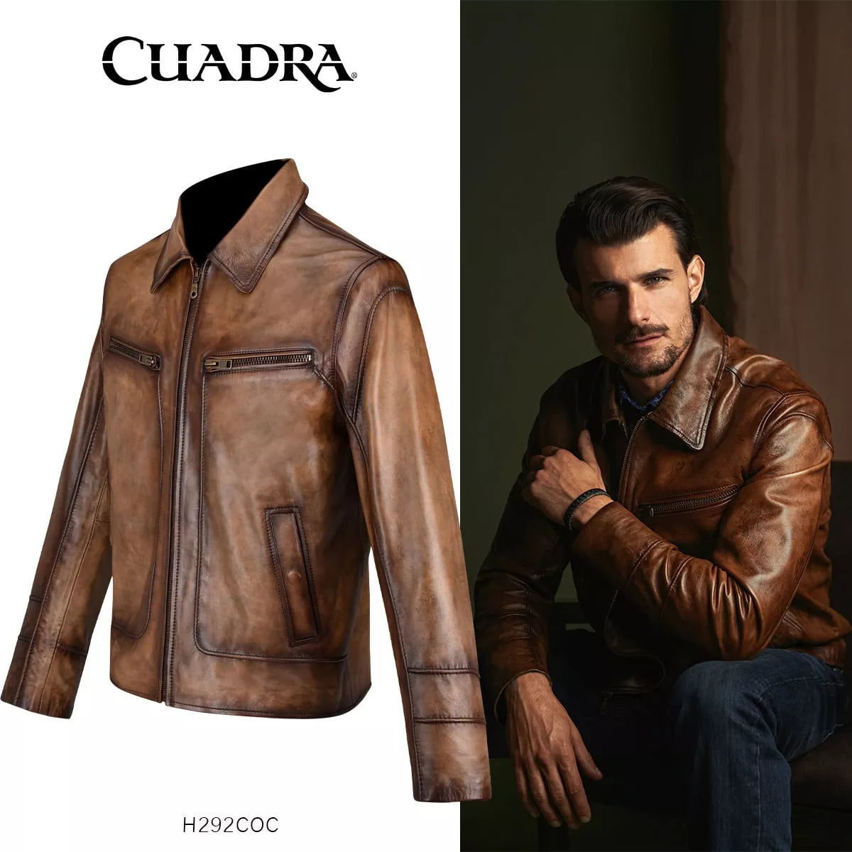 H292COC - Chaqueta de piel de cordero acolchada de casuales fashion CAFE Cuadra para hombre