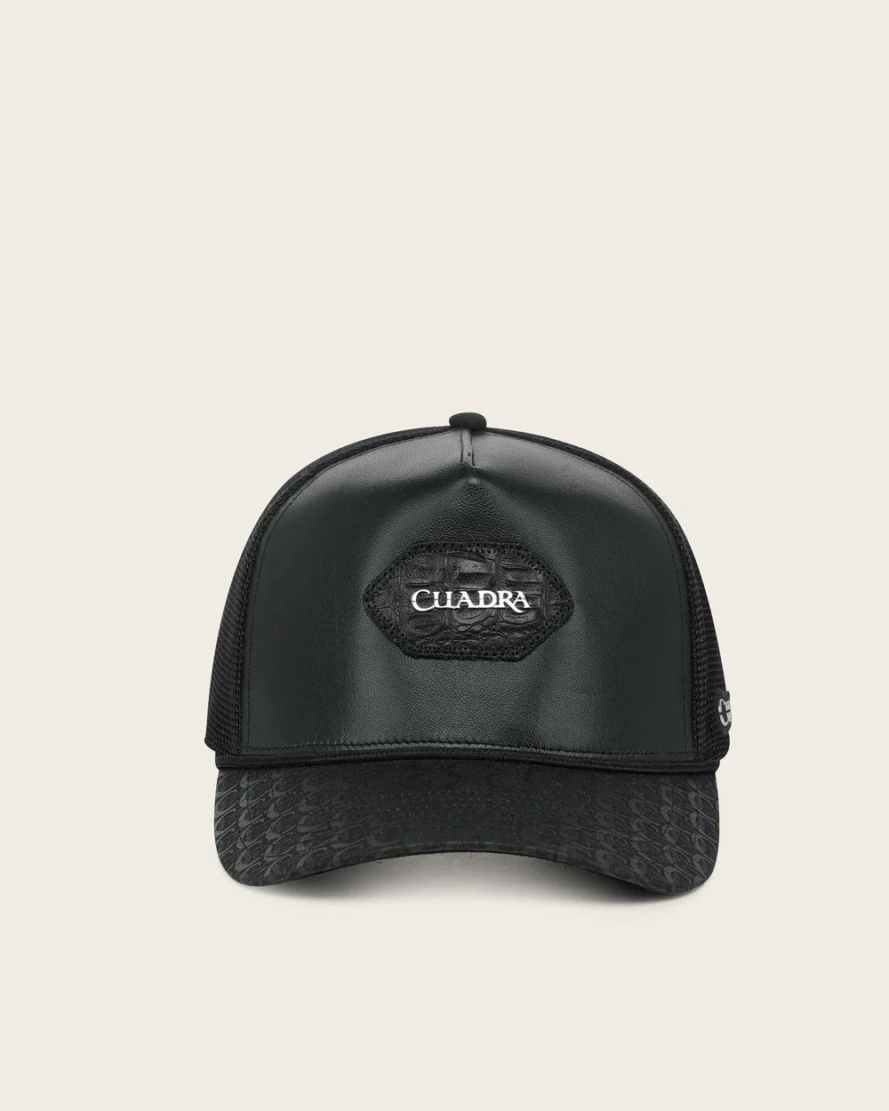 G0096FY - Cuadra black trucker cap with genuine caiman leather patch for men
