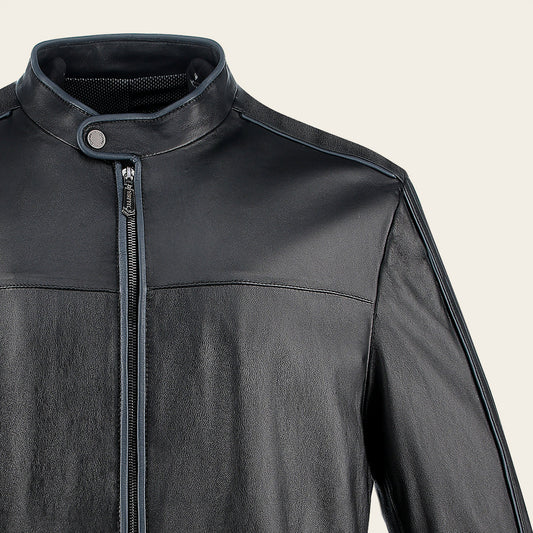 H269BOB - Cuadra Black Casual Fashion Lambskin Leather Racer Jacket