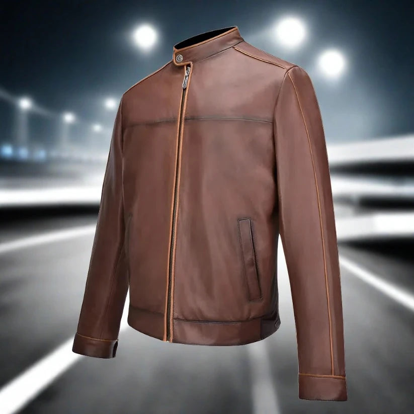 H269COC - Cuadra brown casual fashion lambskin leather racer jacket for men-Kuet.us