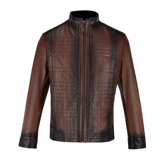 H293COB - Cuadra brown casual fashion quilted sheepskin leather jacket for men-Kuet.us