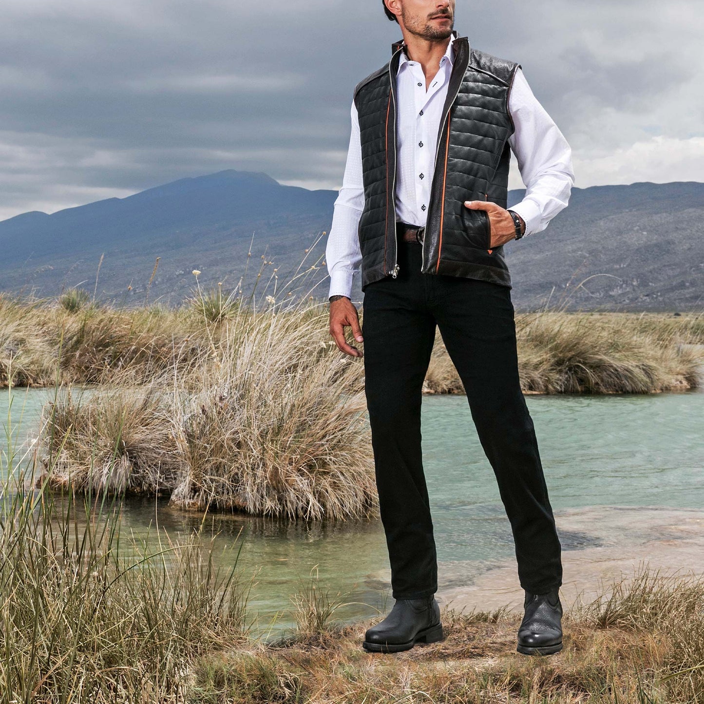 H294BOC - Cuadra black casual fashion racer sheepskin leather vest for men-Kuet.us