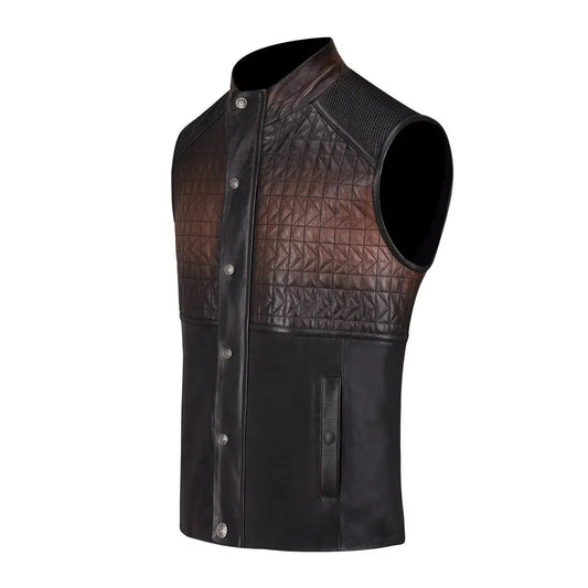 H295COB- Cuadra black and brown casual lambskin leather quilted vest for men-Kuet.us