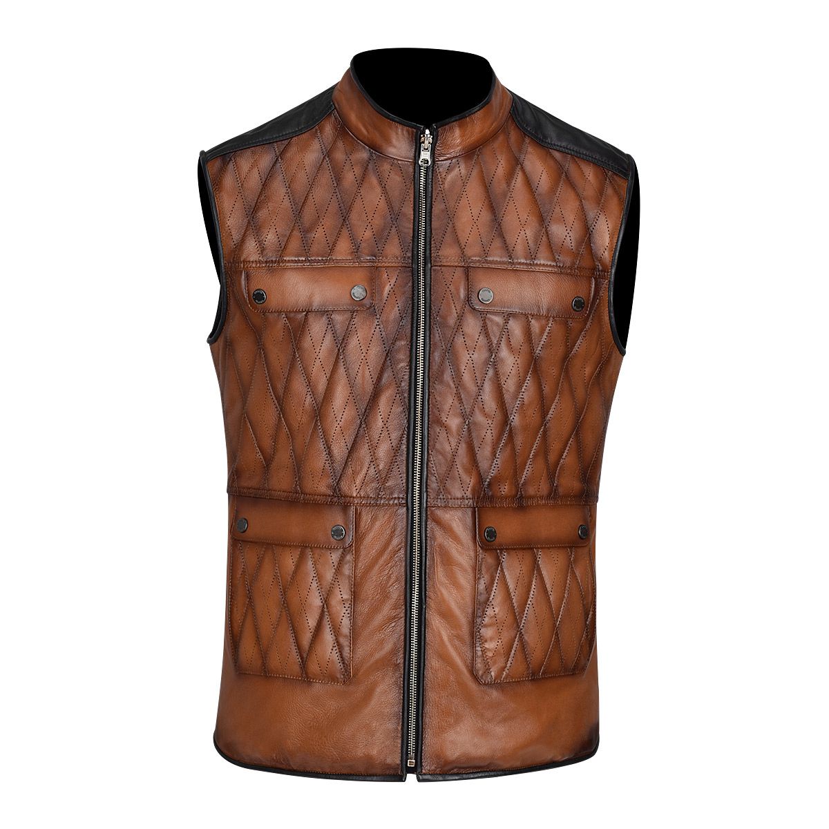 H302COB- Cuadra maple casual fashion quilted goat leather racer vest for men-Kuet.us