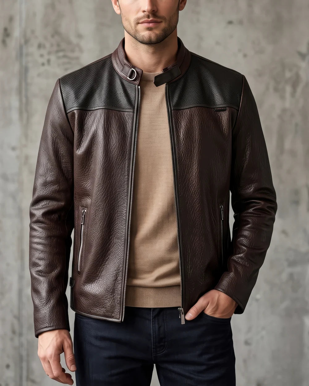 H418BOB - Cuadra Chocolate Casual Fashion Sheep Leather Moto Jacket for Men