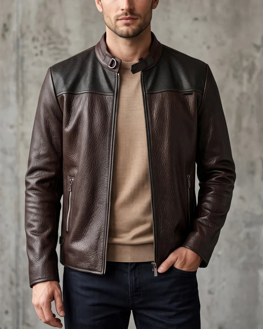 H418BOB - Cuadra Chocolate Casual Fashion Sheep Leather Moto Jacket for Men