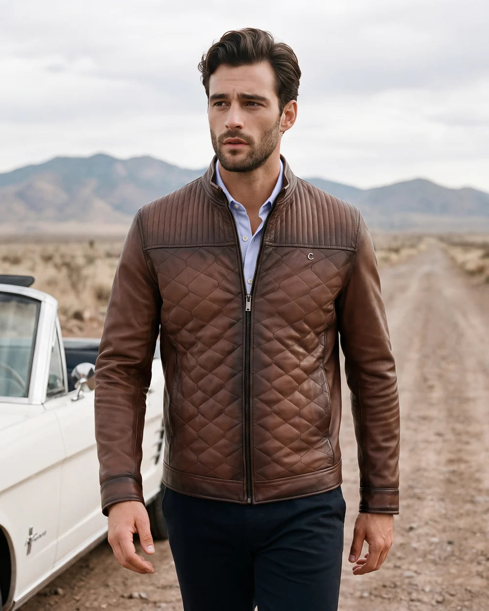 H427COC - Cuadra Brown Casual Fashion Quilted Ovine Leather Jacket for Men