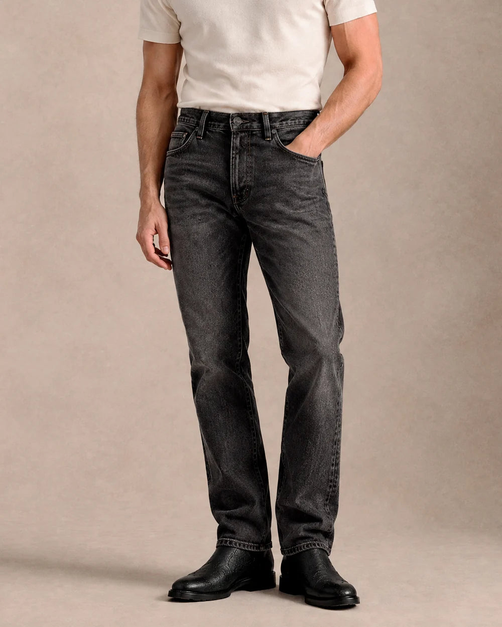 J230052 - Cuadra washed black straight leg jeans for men with leather patch