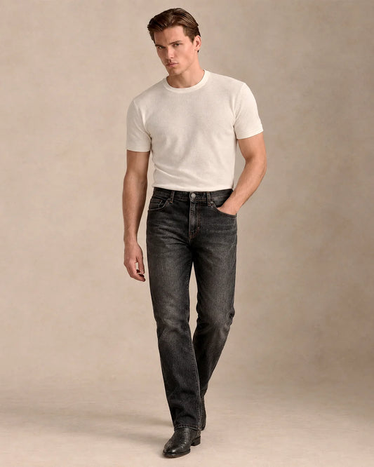 J230052 - Cuadra washed black straight leg jeans for men with leather patch