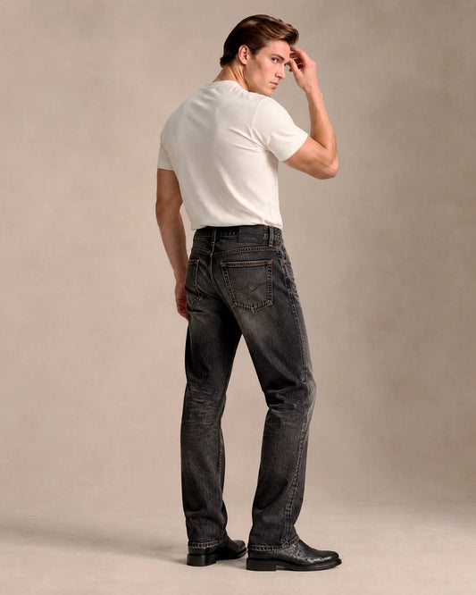 J230052 - Cuadra washed black straight leg jeans for men with leather patch