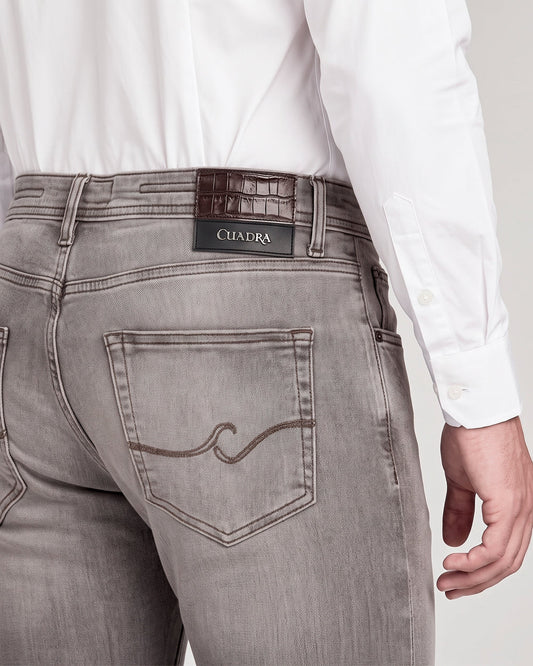 J300559 - Cuadra gray wash jeans with croc-embossed leather patch for men