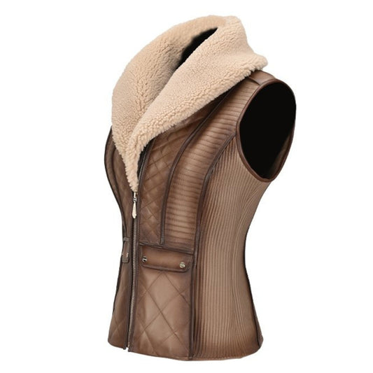M301BOB - Cuadra brown casual quilted sheepskin leather shearling vest for women-Kuet.us