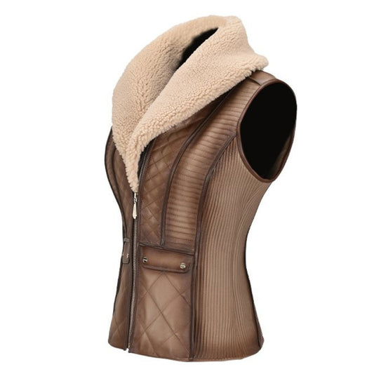 M301BOB - Cuadra brown casual quilted sheepskin leather shearling vest for women-Kuet.us