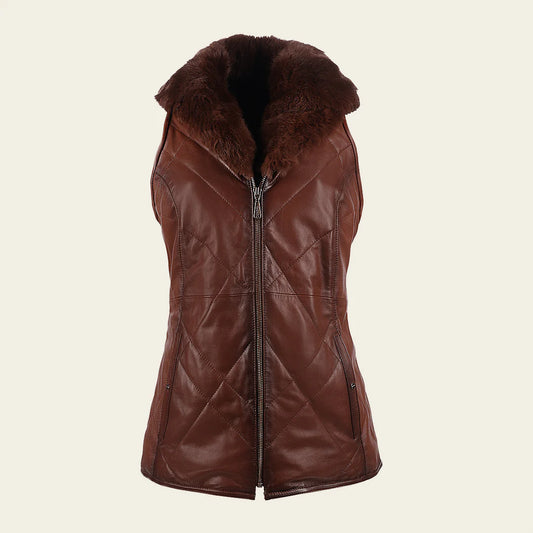 M343CNC - Cuadra brown western lambskin leather and rabbit fur vest for women