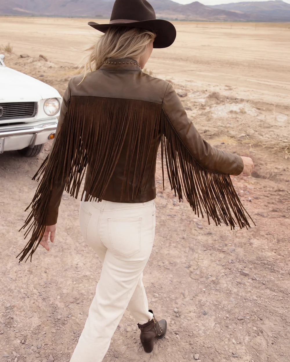M384COA - Cuadra chocolate studded fringe leather jacket for women