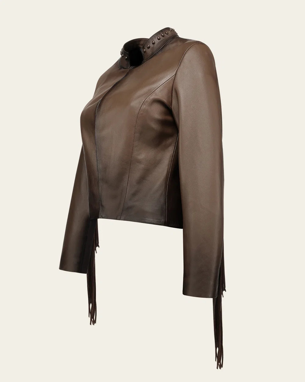 M384COA - Cuadra chocolate studded fringe leather jacket for women