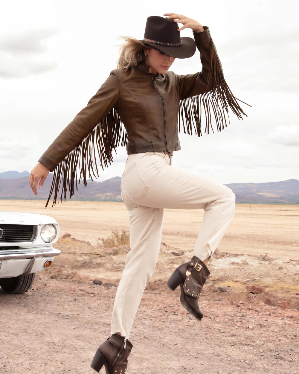 M384COA - Cuadra chocolate studded fringe leather jacket for women