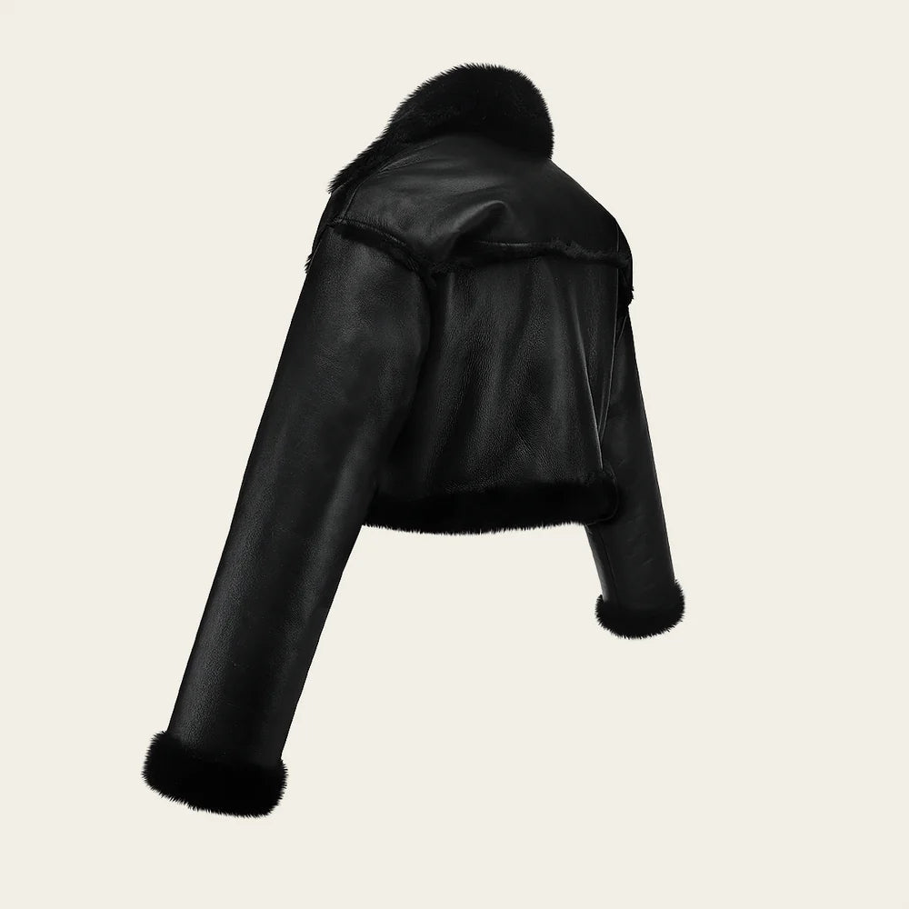 RCMOTOW - Cuadra black cropped moto shearling leather jacket for women