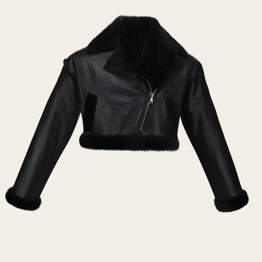 RCMOTOW - Cuadra black cropped moto shearling leather jacket for women