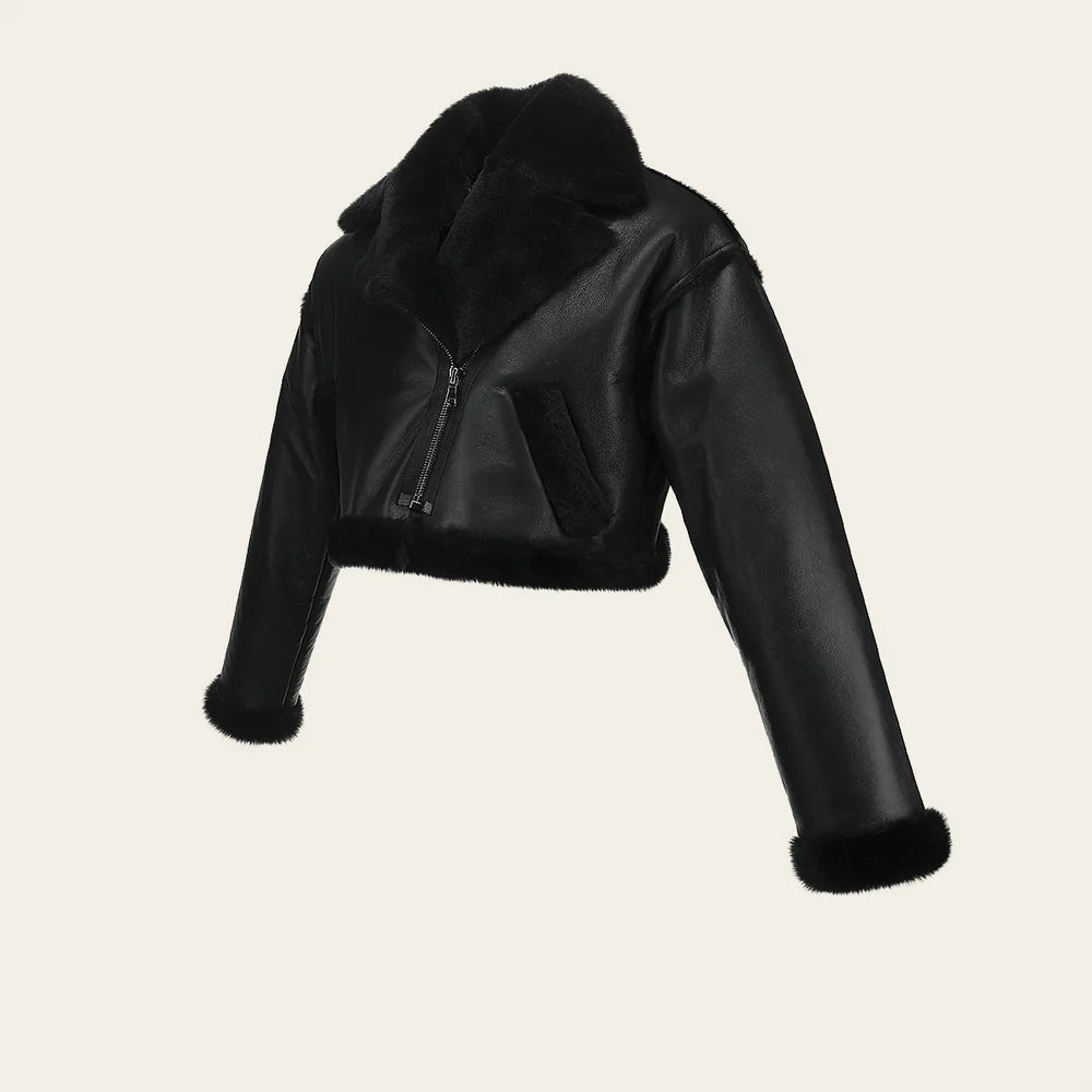 RCMOTOW - Cuadra black cropped moto shearling leather jacket for women