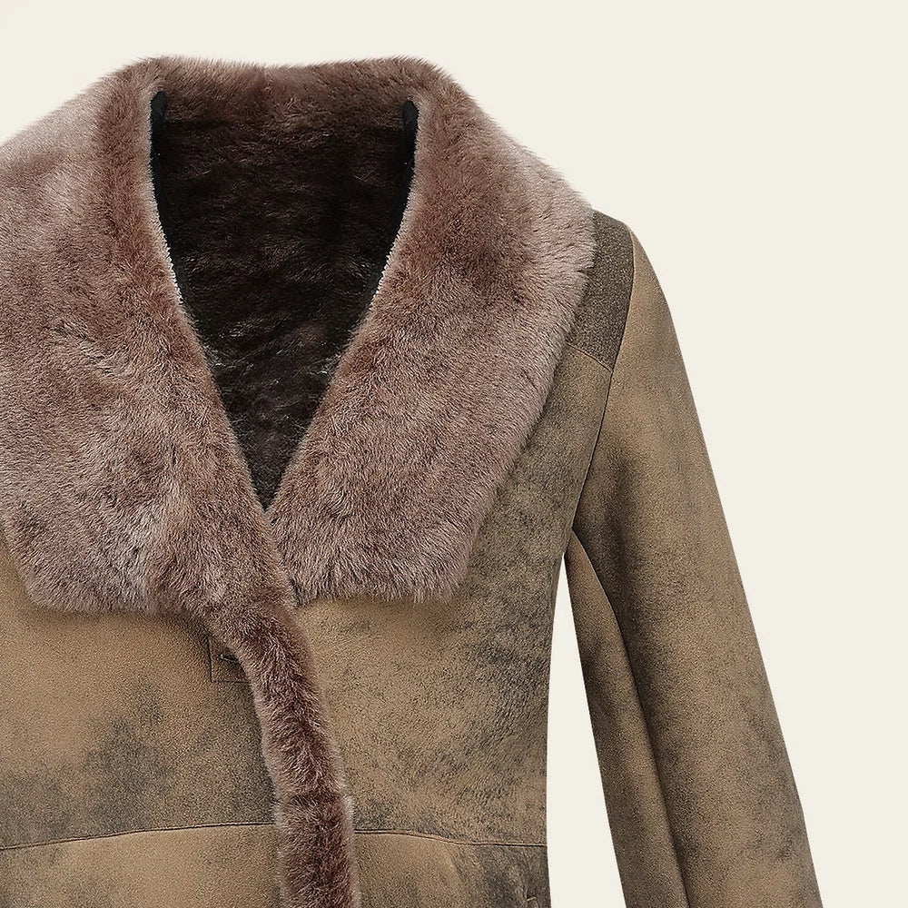 RCNG - Cuadra camel shawl collar shearling sheepskin coat for women