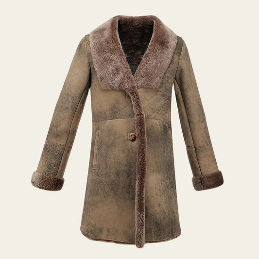 RCNG - Cuadra camel shawl collar shearling sheepskin coat for women