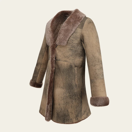 RCNG - Cuadra camel shawl collar shearling sheepskin coat for women