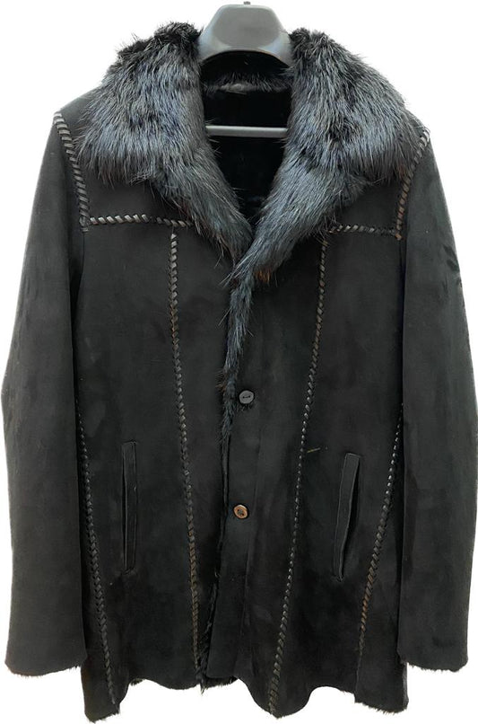 RCPB15TB - Cuadra black western sheepskin jacket with fur and beaver fur for men-Kuet.us