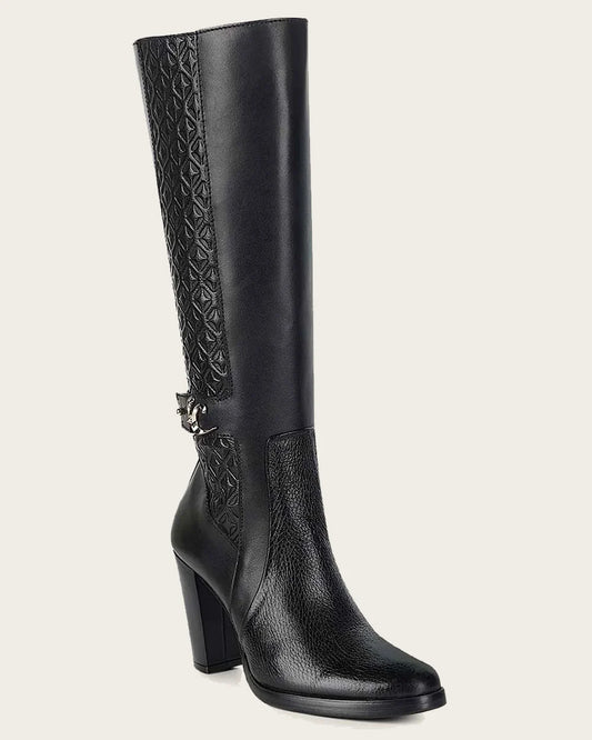T40VNTS - Cuadra Black Casual Dress Deer Leather Knee-High Boots for Women