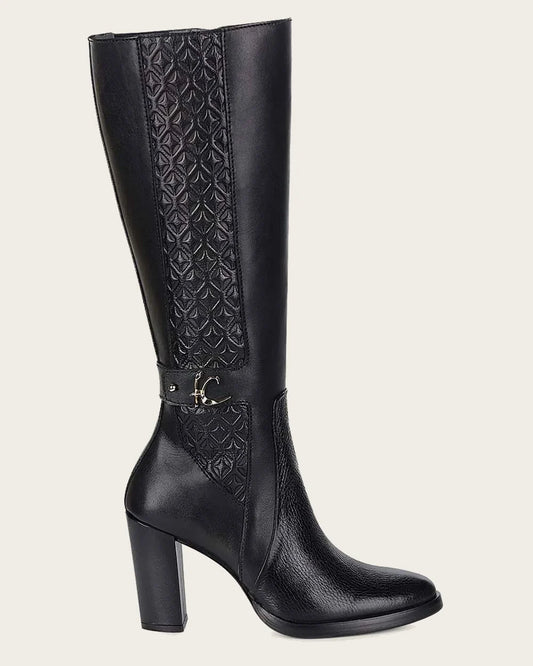 T40VNTS - Cuadra Black Casual Dress Deer Leather Knee-High Boots for Women