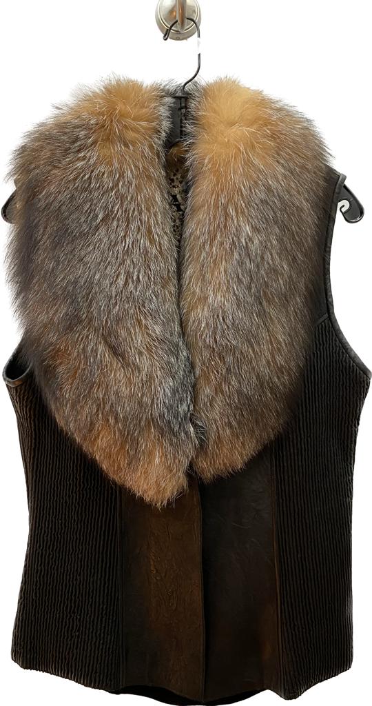 V9170Z - Cuadra black shaved sheepskin leather with fox fur vest for women-Kuet.us