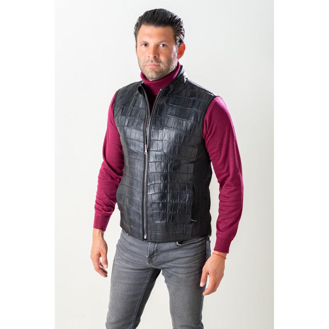 VL003G - Cuadra black casual fashion full exotic alligator leather vest for men-Kuet.us