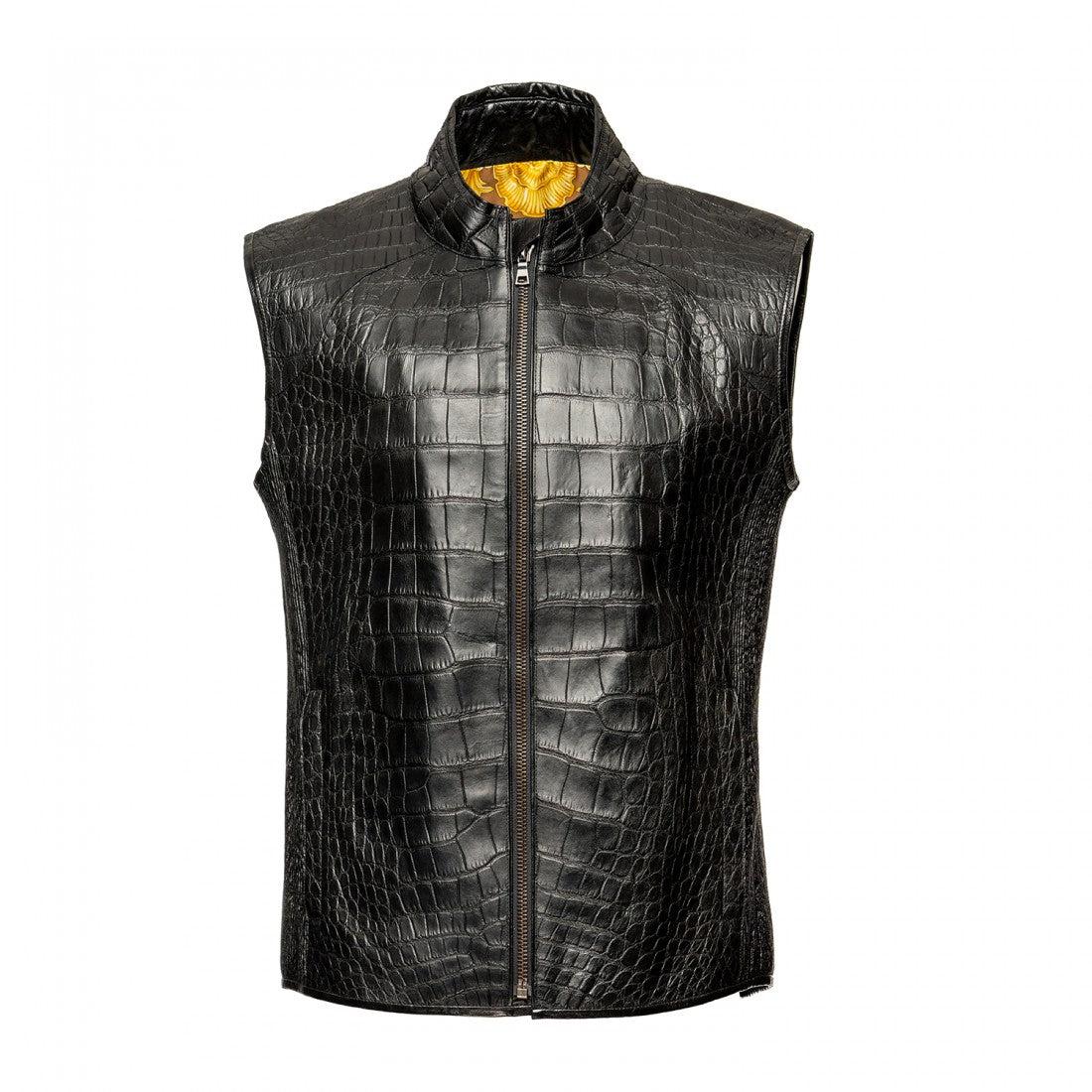 VL003G - Cuadra black casual fashion full exotic alligator leather vest for men-Kuet.us