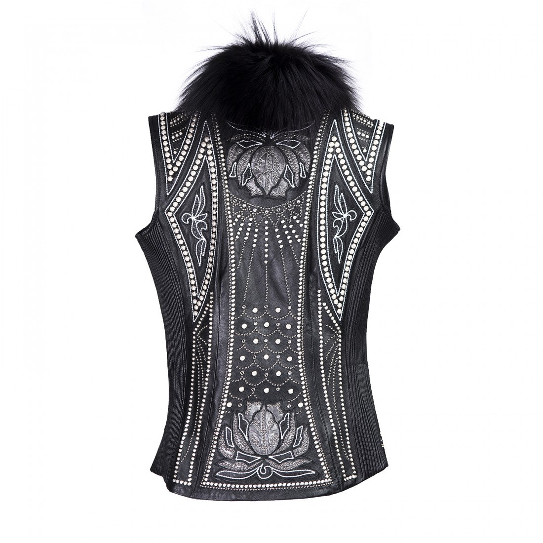 VSCEEPZ - Cuadra casual leather vest with fox fur and Swarovski pearls.