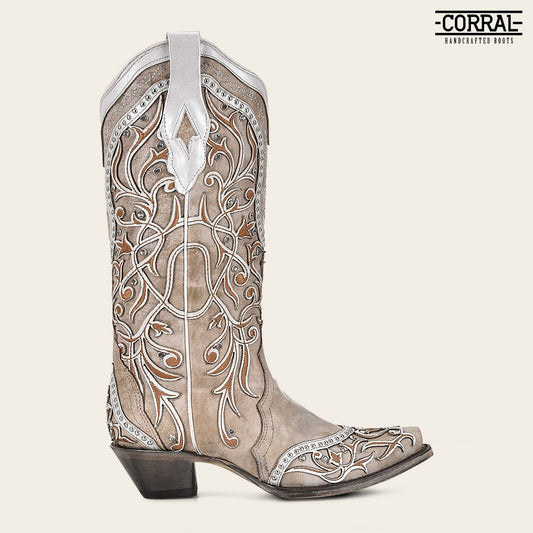 A3837 - Corral white cowgirl western leather floral inlay boots for women-Kuet.us