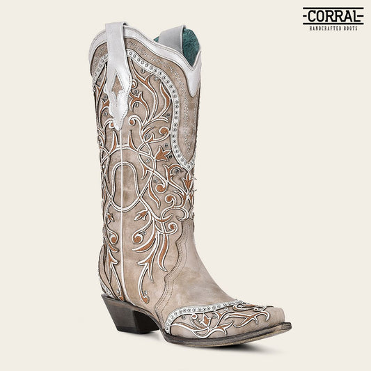 A3837 - Corral white cowgirl western leather floral inlay boots for women