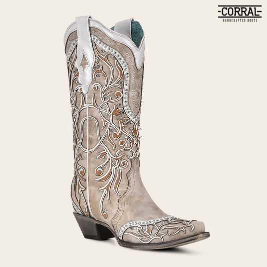 A3837 - Corral white cowgirl western leather floral inlay boots for women-Kuet.us