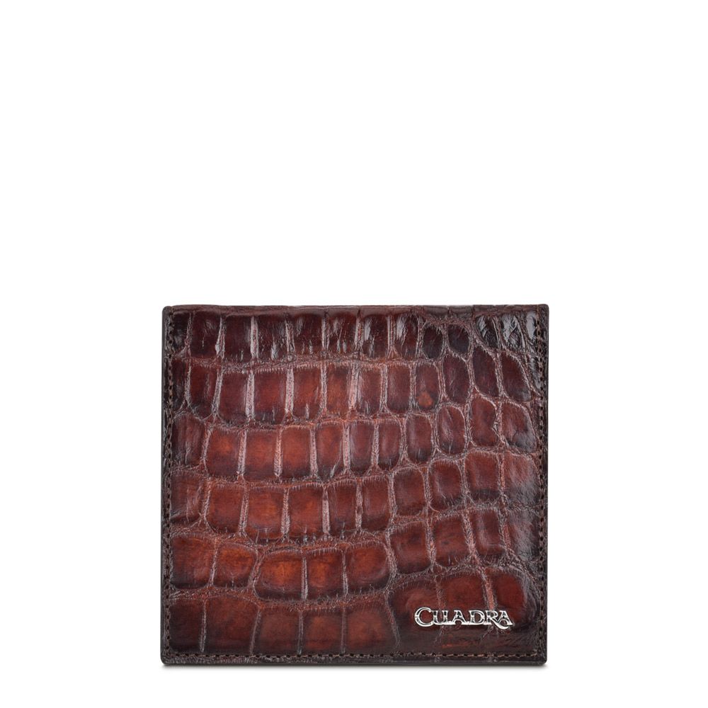 B3027AP - Cuadra chocolate classic full alligator leather tri fold wallet for men-Kuet.us