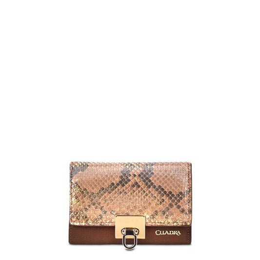 BD197PI - Cuadra chestnut brown small fashion woven pyhon tri fold wallet for women-Kuet.us
