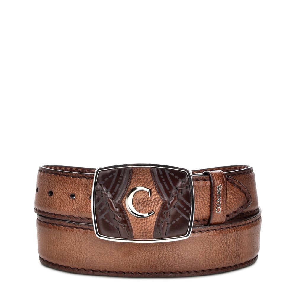 CV464VE - Cuadra almond cowboy western deer leather belt for men.-Kuet.us