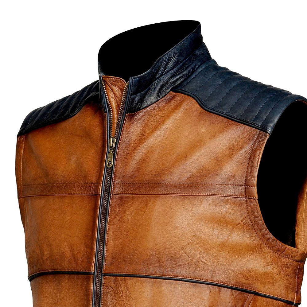 H105BOB - Cuadra honey racer contrasting wrinkled leather vest for men-Kuet.us