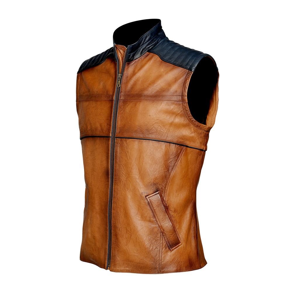 H105BOB - Cuadra honey racer contrasting wrinkled leather vest for men-Kuet.us