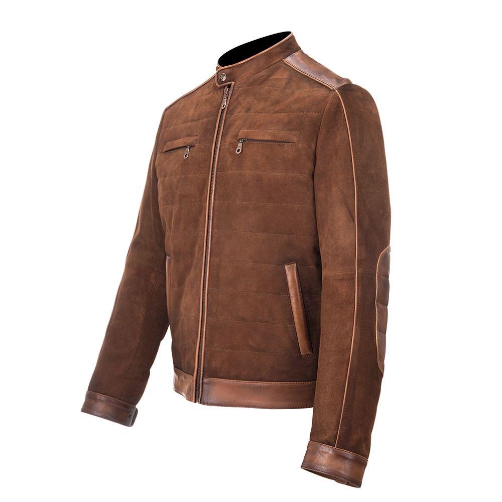 H137ATB - Cuadra tobacco casual moto racer suede leather jacket for men-Kuet.us