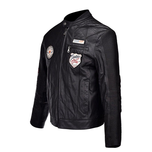 H195BOC - Cuadra black fashion moto racer patched leather jacket for men-Kuet.us